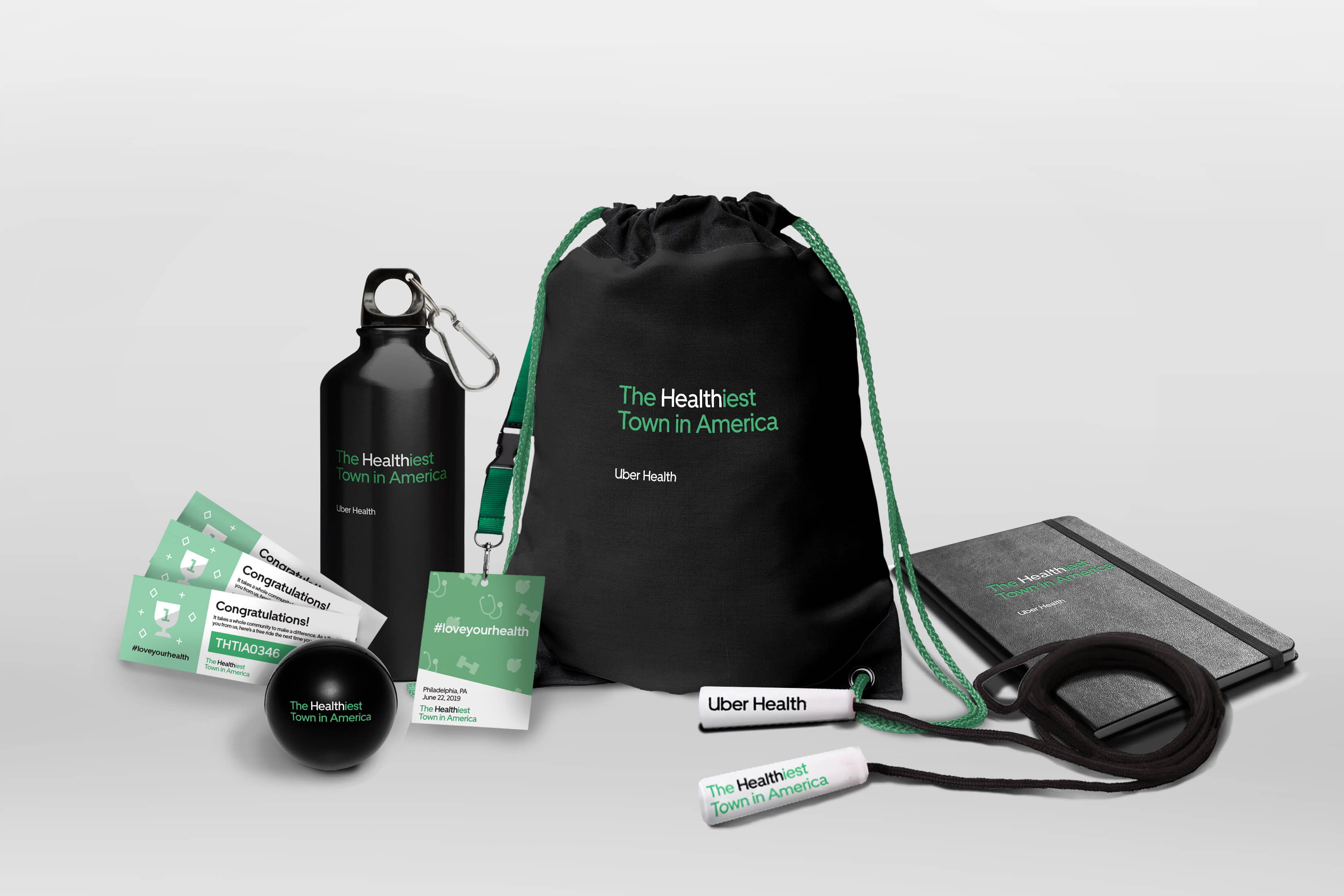 The completed Health Kit: items included are a water bottle, vouchers for free Uber rides, jump rope, a stress ball, and a booklet to record activities